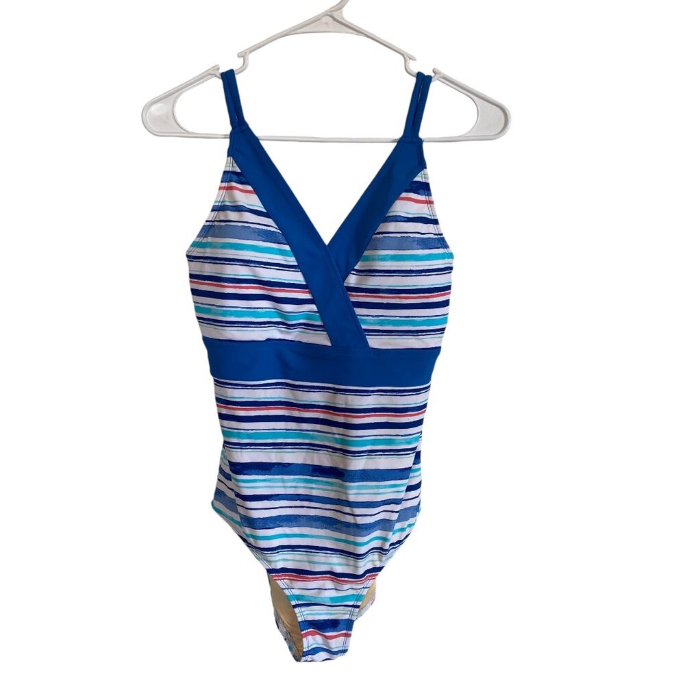 Cabana Life women's size small multi color striped v-neck one piece swimsuit